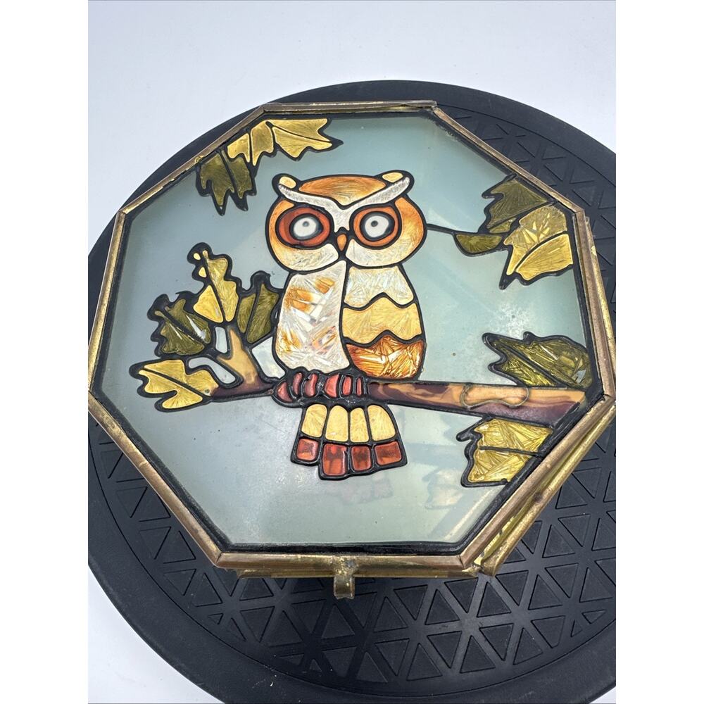 Vintage Glass Brass OWL Stained Glass Mirrored Brass Footed Trinket Box